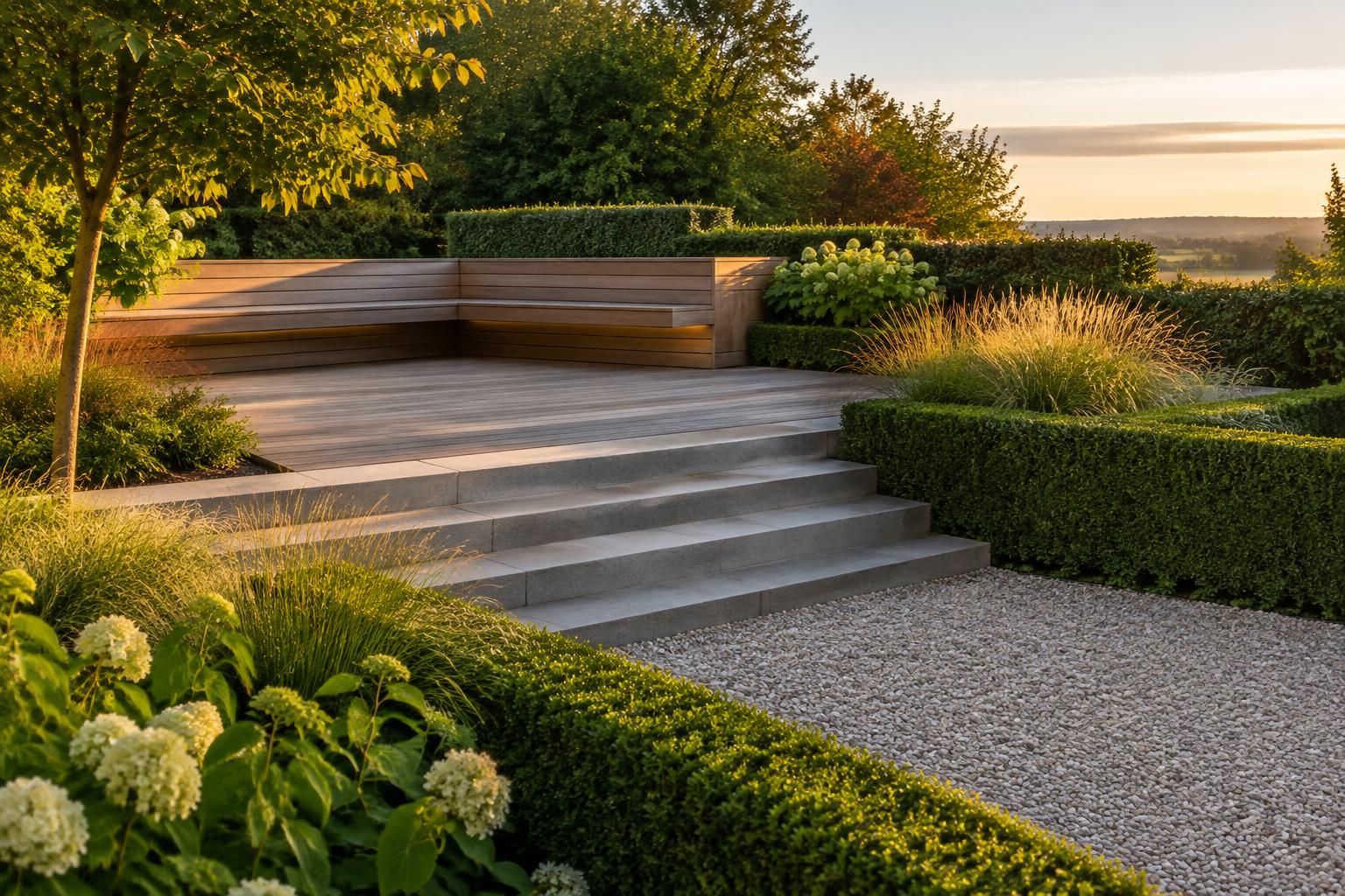 Terrasse en bois et haies taillées dans un jardin aménagé contemporain