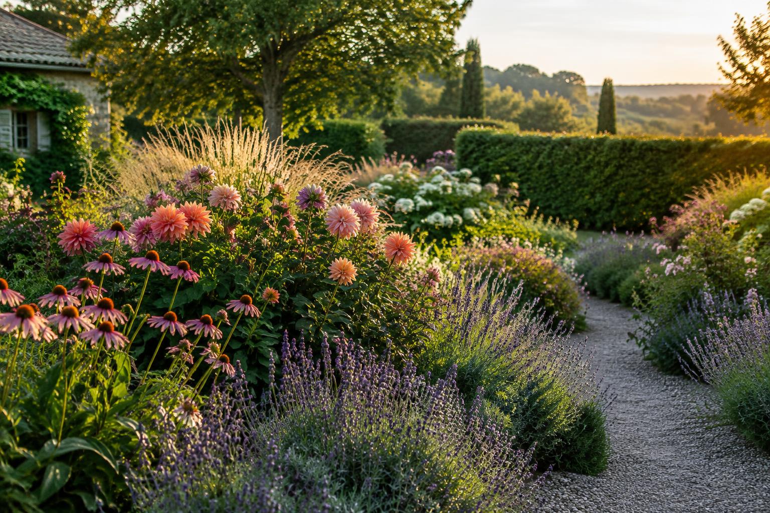 Jardin fleuri traversé par une allée de gravier, lumière dorée de fin de journée